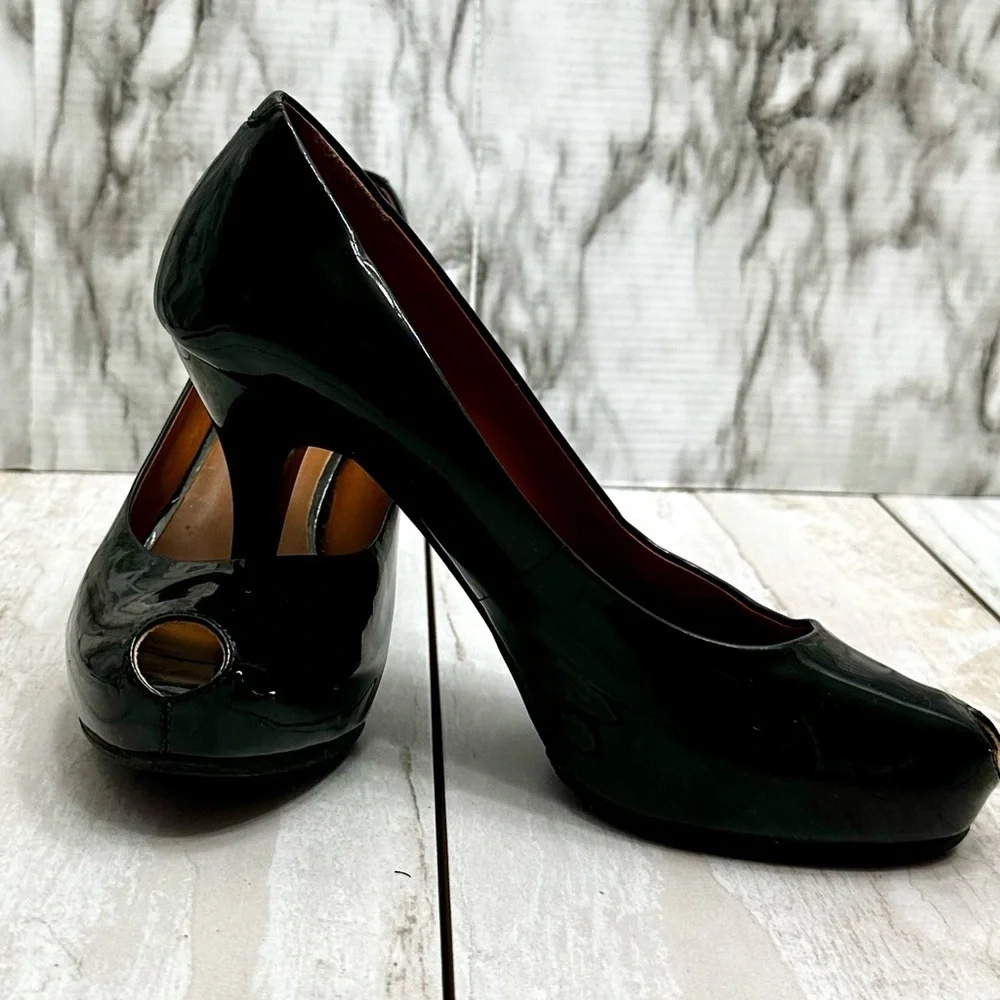 Staccato Patent Leather Glossy Black Peep Toe Heel Shoes Sexy Office Siren Chic